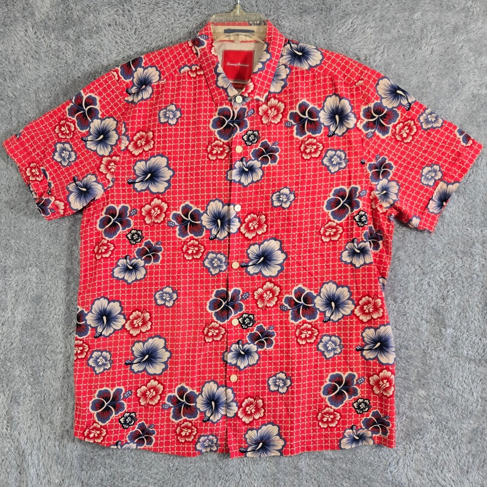 Tommy Bahama Mens Red Hibiscus Floral Silk Cotton Island Modern Fit Shirt XL